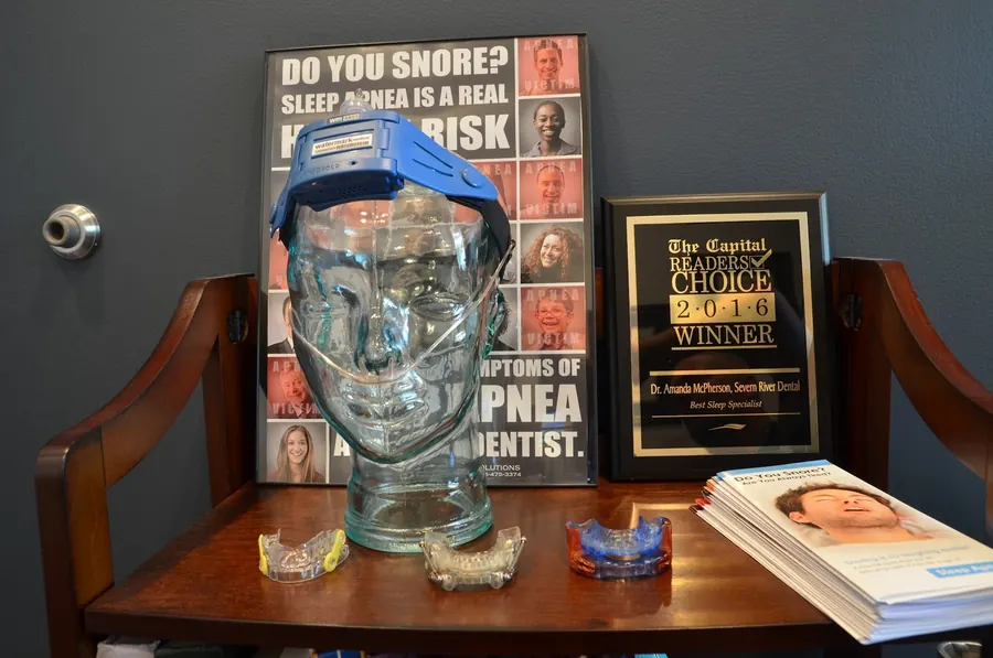 The sleep apnea display in the office, beside Dr. Amanda McPherson's 2016 Readers' Choice plaque from The Capital.